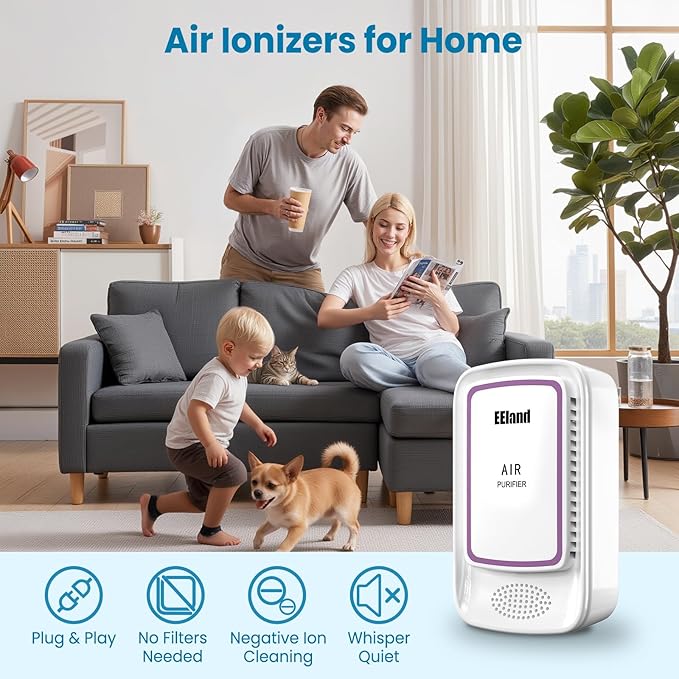 Air Ionizer for Home - Plug In Negative Ion Generator, Quiet Filterless Air Cleaner for Bedroom, Bathroom, Office & Kitchen, Compact Air Freshener for Smoke, Dust and Pet Odors