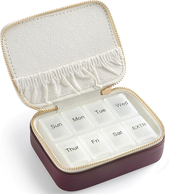 Genuine Leather Travel Pill Organizer Box Case 1 Times a Day for Purse for Women, Cute Medicine Pill Holder Containers for Vitamin Small Weekly Daily 7 Day Am Pm Pill Organizer(Burgundy Red)