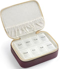 Genuine Leather Travel Pill Organizer Box Case 1 Times a Day for Purse for Women, Cute Medicine Pill Holder Containers for Vitamin Small Weekly Daily 7 Day Am Pm Pill Organizer(Burgundy Red)
