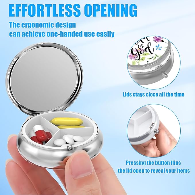 Christian God Pill Case,Bible Verse Pill Box 3 Compartments Metal Small Pill Holder with Mirror Mini Travel Pill Container for Purse Pocket Women Men