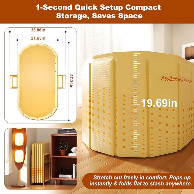 Portable Bathtub for Adult 47" Large Collapsible Cold Plunge Bathtub Foldable No Installation Ice Bath Tub for Shower Stall, Bathroom Hot SPA Soaking Standing Tub
