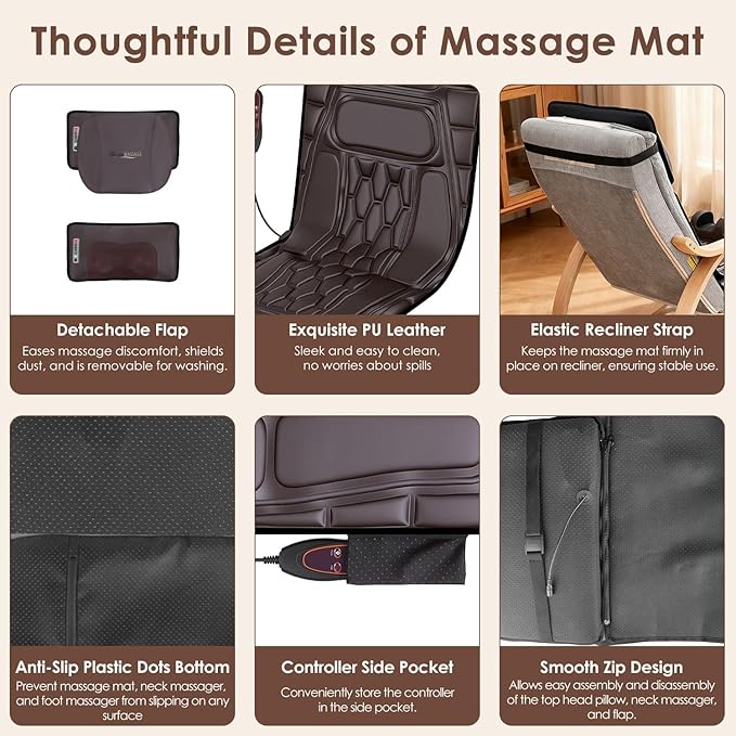 Full Body Electric Massage Mat with Heat, Vibration Back Massage Pad Cushion with Inflatable Head Pillow and Lumbar Pillow, 10 Vibration Motors 3 Timers (72x21 with Neck Massager(PU))