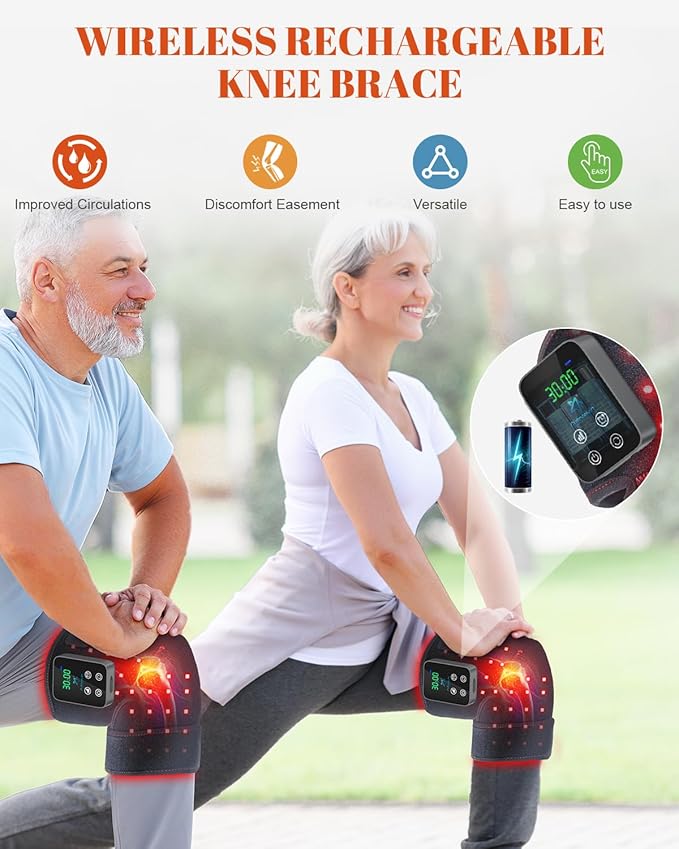 Red Light Therapy Knee Brace 2 Pack – Wireless 72 LED with 660nm & 850nm, 3000mAh Battery, Heat & Pulse Modes for Knee, Elbow, Shoulder, Joint Discomfort & Pain Relief