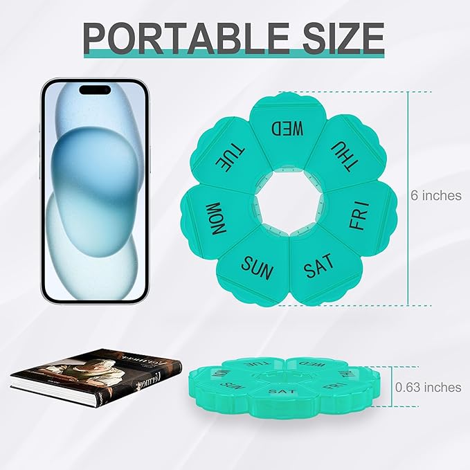 𝐖𝐞𝐞𝐤𝐥𝐲 𝐏𝐢𝐥𝐥 𝐎𝐫𝐠𝐚𝐧𝐢𝐳𝐞𝐫, Thinned and Enlarged 7 Day Pill Organizer, Cute Daily Pill Box with Large Compartment for Travel, Pill Container for Medication, Vitamin, Supplements(Green)