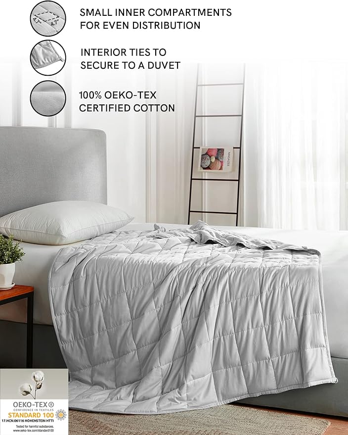 YnM Weighted Blanket — Heavy 100% Oeko-Tex Certified Cotton Material with Premium Glass Beads (Light Grey, 60''x80'' 22lbs), Suit for One Person(~210lb) Use on Queen/King Bed
