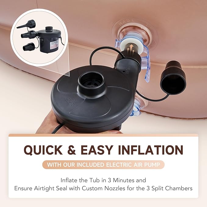 CO-Z Inflatable Bathtub with Electric Air Pump and Bath Pillow Headrest, Portable Blow Up Bath Tub for Adults, Outdoor & Indoor Freestanding Foldable Spa Tub with Cover Drainage Cup Holder,Brown