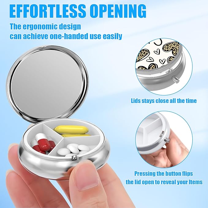 Leopard Love Heart Pill Case, Pill Box 3 Compartments Metal Small Pill Holder with Mirror Mini Travel Pill Container for Purse Pocket Women Men