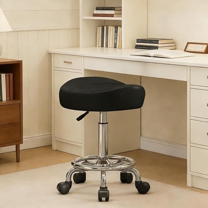 Saddle Stool, Adjustable Height Ergonomic Swivel Chair with Wheels, PU Leather Saddle Seat with Ring Pedal for Salon, Massage, Clinic, Lab, and Office
