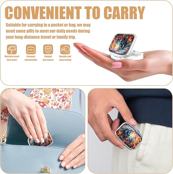 Pill Box-2 Compartment Small Pill Case Square Organizer Case with Mirror Portable Metal Medicine Box Travel Container for Pocket & Purse Women Men(Horse Flower)