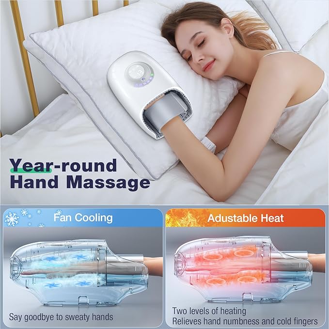 Hand Massager with Heat and Compression, Hand Massage for Arthritis and Carpal Tunnel Relief, 6 Modes Pressure Point Therapy, Blowing Wrist Massager, Finger & Palm Kneading, Gifts for Mom Dad