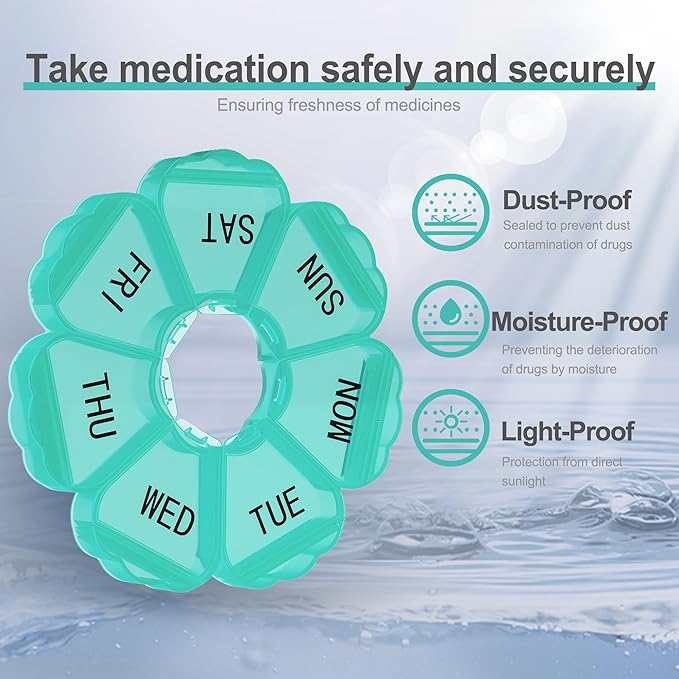 𝐖𝐞𝐞𝐤𝐥𝐲 𝐏𝐢𝐥𝐥 𝐎𝐫𝐠𝐚𝐧𝐢𝐳𝐞𝐫, Thinned and Enlarged 7 Day Pill Organizer, Cute Daily Pill Box with Large Compartment for Travel, Pill Container for Medication, Vitamin, Supplements(Green)