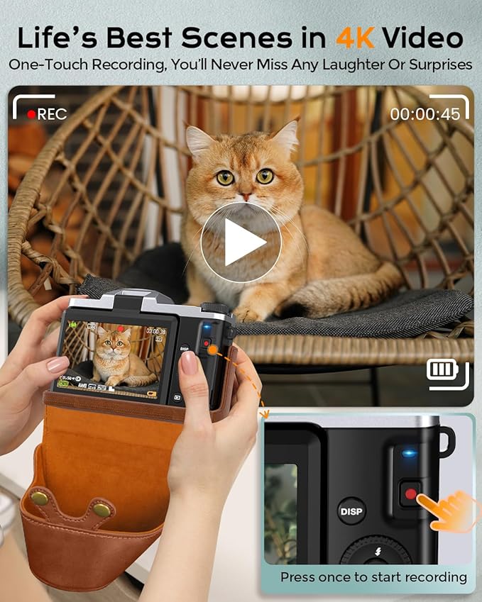 4K Digital Camera for Photography Autofocus, 64MP WiFi Vlogging Camera for YouTube with 3'' 180° Flip Screen,16X Zoom Anti-Shake, 32GB Card, Compact Travel Point and Shoot Digital Cameras (Brown)