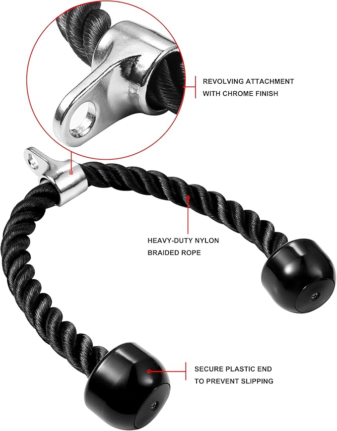 Deluxe Tricep Rope Pull Down Cable, 27 & 36 Inch Rope Length, Easy to Grip & Non-Slip Cable Attachment for Gym Workout Exercise