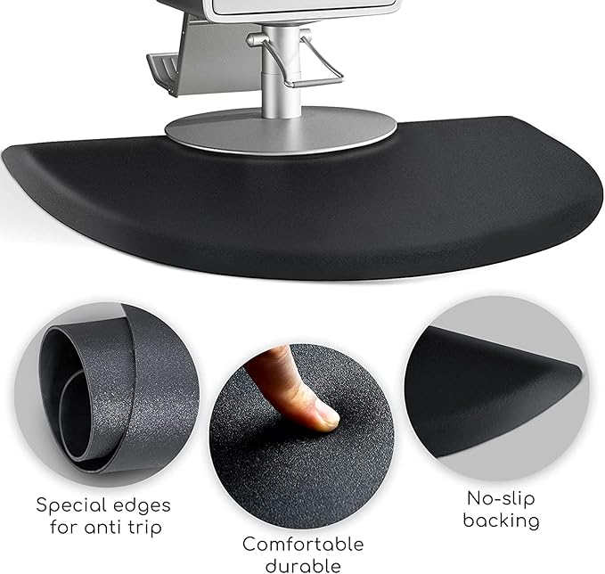 Salon mats for Hair Stylist 3'x4' Barber Shop Salon Chair Mats - Black Semi Circle Anti-Fatigue Floor Mat for Salon Chair - 5/8" Thick Salon Standing Mat