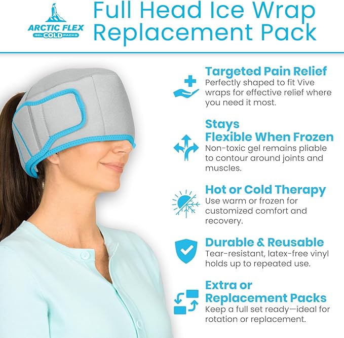 Arctic Flex Gel Replacement Packs - Ice Packs Reusable for Full Head Ice Brace - Hot & Cold Gel Pack for Injuries, Pain Relief, Swelling - Flexible Therapy Compression Wrap - Athletic, Women, Men