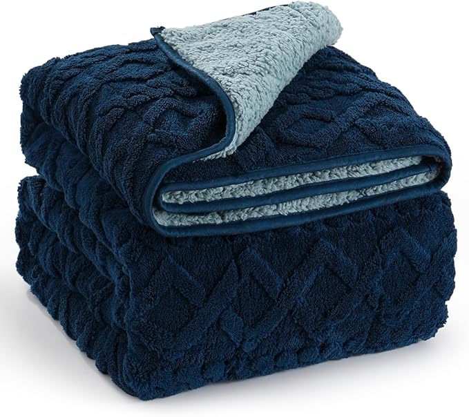 Wemore Weighted Blanket for Adults Twin Size 15 lbs, Dual Sided Soft Fuzzy Jacquard Sherpa Weighted Blankets for Sleeping, Cozy Fluffy Knitted Heavy Blanket for Couch Bed, Navy Blue, 60 x 80 inches