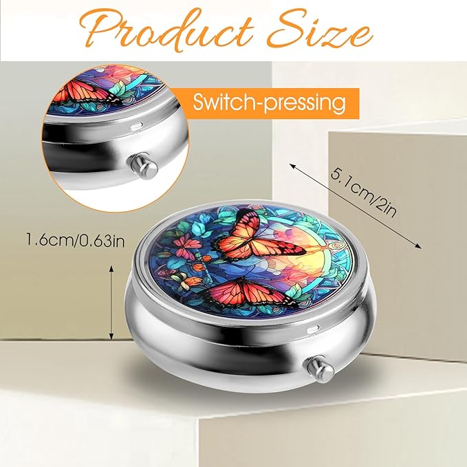 Pill Box Cute Small Pill Box for Purse & Pocket Medicine Organizer Travel Pillbox Waterproof Pill Case Metal Pill Container Holder for Vitamins, Fish Oil, Supplements (Silver Butterfly)