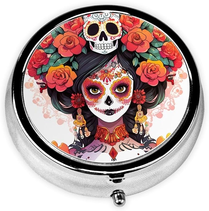 Mexican Style Women Skull Pill Box 3 Compartment Pill Case, Portable Medicine Pill Organizer for Pocket Purse Pill Box Decorative Metal Medicine Vitamin Organizer