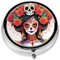 Mexican Style Women Skull Pill Box 3 Compartment Pill Case, Portable Medicine Pill Organizer for Pocket Purse Pill Box Decorative Metal Medicine Vitamin Organizer