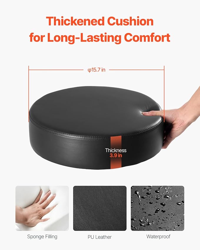 VEVOR Rolling Stool with Wheels, 450 LBS Weight Capacity Round Rolling Stool Chair, Height Adjustable Thickened PU Leather Swivel Stool for Salon, Spa, Massage, Tattoo, Clinic, Black