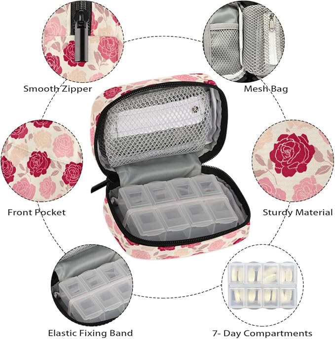 Pink Roses Flowers Pill Case Everyday Travel, 7 Day Weekly Medicine Pill Box Compact Portable Pills Bottle Organizer with Zipper for Daily Vitamin Medicine Holder Bottle Organizers Bag