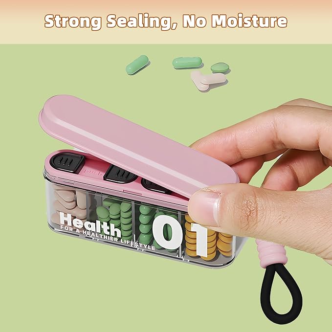 Portable Pill Dispenser with 4 Compartments, Travel Pill Bottle Organizer with Strong Seal，Anti-Mix Supplement Organizer，Pill Box Case with BPA-Free，Pill Container with Wide Opening Design (Pink)