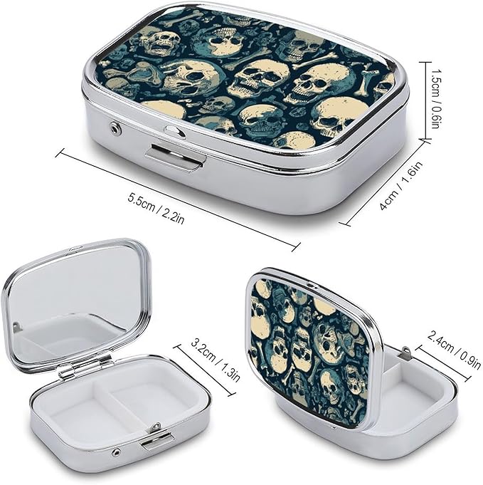 Metal Pill Organizer – 2-Compartment Pocket Pill Box for Vitamins, Supplements, Medications – Compact Travel Case (Skull Bones)