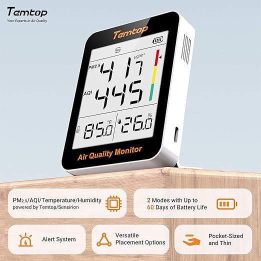 Temtop Air Quality Monitor Indoor Thermo-Hygrometer - PM2.5, AQI, Temperature, and Humidity Meter for Home, Office, or School, Air Quality Measurement, 60-Day Battery Life, S1 UP, 30-Pack
