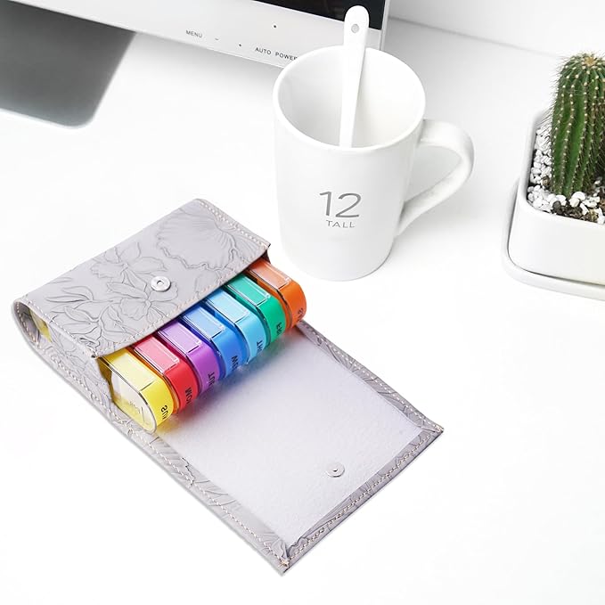Pill Organizer,LIZIMANDU Weekly Travel Pill Case Box Medication Reminder Daily AM PM, Day Night 7 Compartments,for 4 Times A Day, 7 Days a Week-Includes Leather PU Carrying Case(1-Carved Grey)