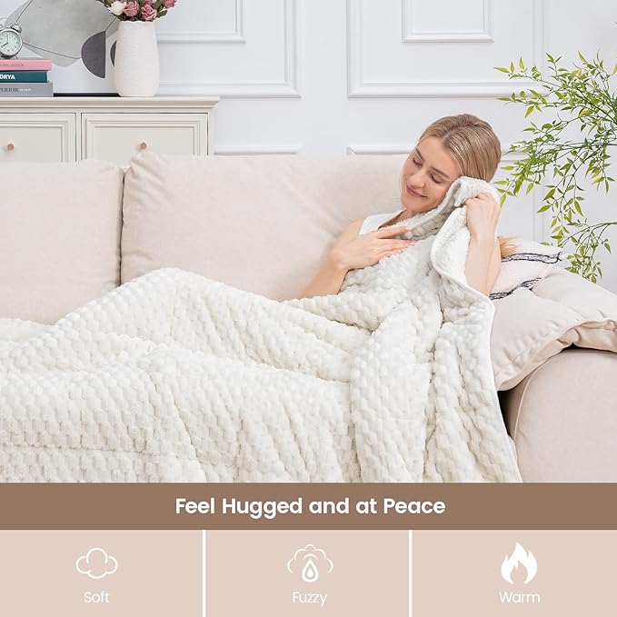 Super Fuzzy Soft Fleece Sherpa Weighted Blanket 15 lbs for Adults, 3D Imitation Turtle Shell Luxury Weighted Throw for Better Sleep, Dual Sided Cozy Blankets for Couch Bed, Cream White, 48" x 72"