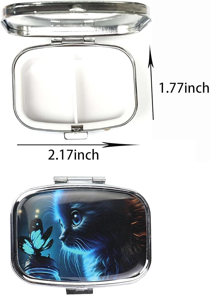 WATASSA Pill Box with Animal Style Mirror All-in-One 2-Compartment Portable Medicine Organizer, Marble Pattern Travel Pill Case for Vitamins&Daily Medication(Fits Pocket/Purse) (Blue Cat)
