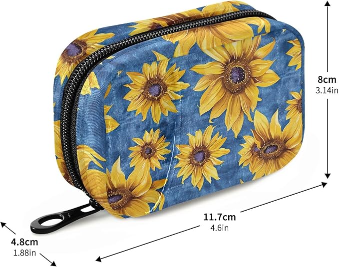 Travel Pill Case Yellow Sunflowers on Blue 7 Day Small Portable Pill Case Weekly Vitamin Storage Organizer with Zipper
