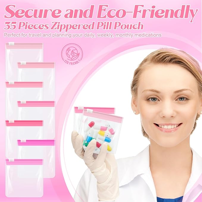 Sherr 35 Pcs Pill Pouch Bags Zippered Pill Pouch Set Reusable Translucent Medicine Organizer Self Sealing Medicine Organizer Travel Plastic Bags with Slide Lock for Storage(Gradient 2,Gradient Pink)