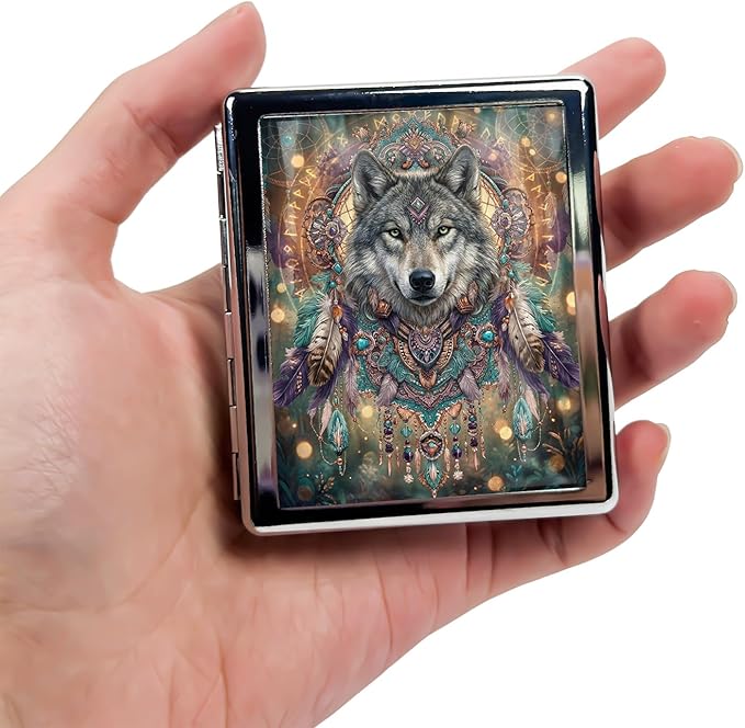 Metal 7 Day Pill Organizer, Weekly Pill Case 8 Compartments, Travel Pill Box for Purse & Pocket, Small Medicine & Vitamin Organizer, PP Dividers, Secure Clasp (Mystic Wolf)