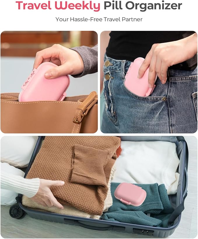 Travel Pill Organizer, 6+2 Extra Large Compartments Portable Pill Case, Daily Pill Box to Hold Vitamins, Small Pill Container for Pocket Purse Medicine Organizer（Pink）