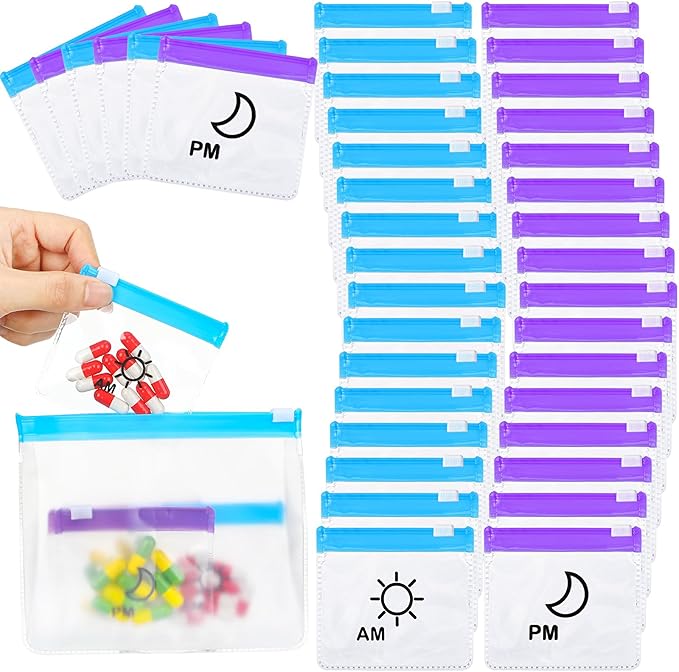 56 Pcs AM PM Pill Pouches Bags Travel Pill Bags Zippered Medicine Organizer Day and Night Pill Bag Reusable Plastic Pill Baggies with Slide Lock Monthly Pill Organizer 2 Times a Day (Blue, Purple)