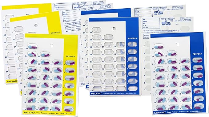 Color Coded AM/PM Monthly 31 Day Medication Blister Cards - Easy No Equipment Needed Cold Seal - 2X a Day Yellow for Morning Blue for Evening (6 Pack - 3 Yellow and 3 Blue)