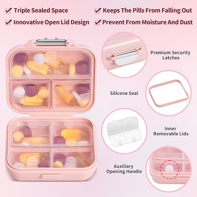 Daviky Travel Pill Organizer,Small 7-Compartment Pill Box for Vitamins & Medications, Compact Medicine Case for Pocket or Purse(Pink)