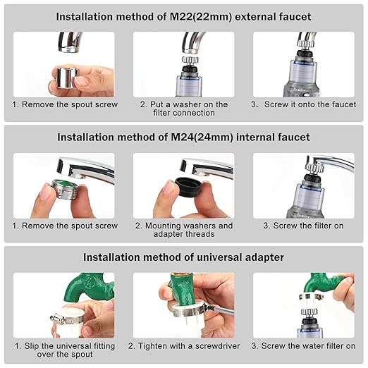 3 Pack Sink Water Filter Faucet, 360° Rotating Faucet-Mount Water Purifier with 10 Filter Cartridges, Removes Chlorine, Fluoride & Heavy Metals from Hard Water for Kitchen & Bathroom