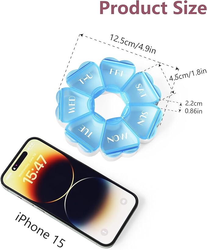 Cute Pill Organizer 7 Day, Color Blocking Weekly Pill Box, Daily Medicine Container with Large Compartments for Fish Oils/Vitamins/Medication/Supplements (Blue)