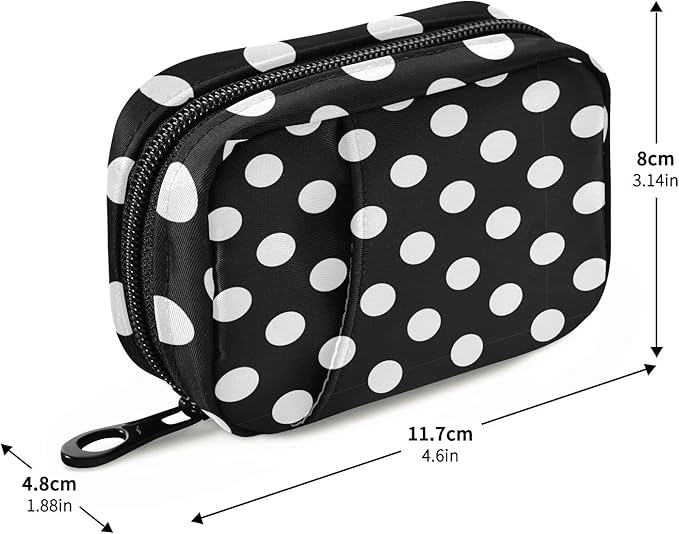 Polka Dot Black Pill Organizer Case Modern 7 Day Travel Pill Box with Zipper Portable Weekly Vitamin Medicine Supplement Holder Pouch Bag