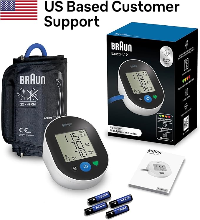 Braun ExactFit™ 2 Blood Pressure Monitors for Home Use - Accurate Blood Pressure Machine, Color-Coded Results, Large Display BP Monitor, Universal Upper Arm BP Cuff, 30 Memory Slots