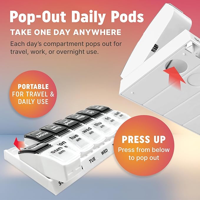 Weekly AM/PM Pill Organizer - 7 Day Medicine Planner with Large Pop-Out Daily Compartments, Easy Open 2-Times-a-Day Pill Case for Travel that Holds Big Size Vitamins & Supplements, Black and White