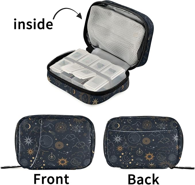 Magic Constellation Sun Moon Pill Box 7 Day Pill Case Travel Pill Organizer Bag Container for Medicine with Zipper Portable Weekly Case Compact Size for Medicine, Vitamin, Supplement