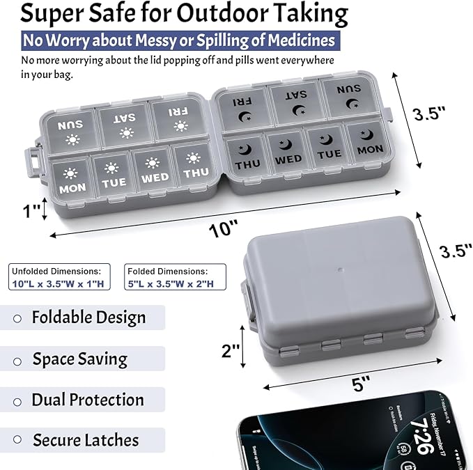 Foldable & Portable Weekly Pill Organizer 2 Times a Day with Clear Printed Labels - 7 Day AM PM Medicine Box, Week Daily Travel Pill Meds Case Holder for Medications, Vitamin, Supplement - Grey