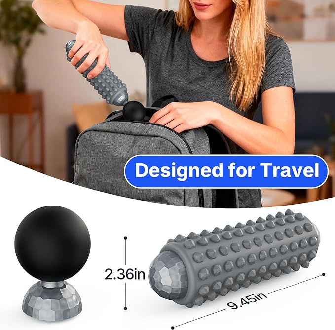 Mini Electric Massage Roller 4 Speeds Vibrating Massage Ball, 2-in-1 Portable Muscle Massager Gun & Roller for Muscle Relief, Detachable Heads, Rechargeable, For Fitness, Office, Travel (Gray)