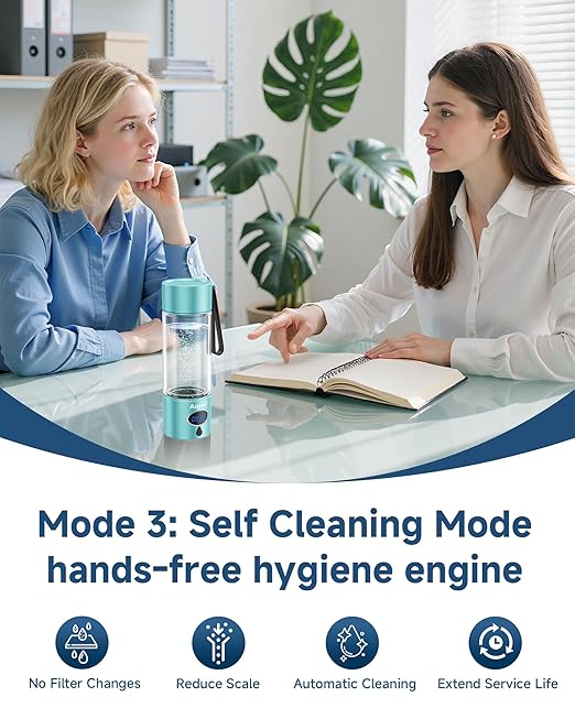 Hydrogen Water Bottle - 5000 PPB in 8 Minutes, Cyclic Mode for 8 Hours, Self Clean, Aluminum & Glass, for Travel Sports Office Home, Gift for Father Mom Family Friends Clients(CyanBlue, 12Oz)