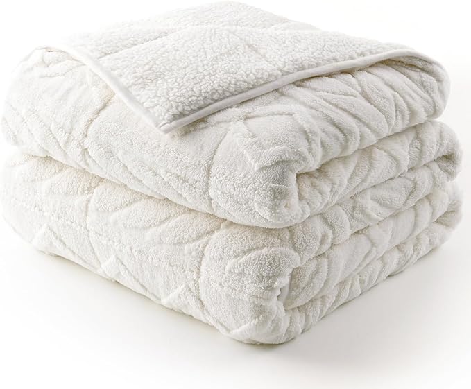 Cottonblue Jacquard Weighted Blanket 15lbs for Adults Queen Size, Ultra Soft Cozy Comfort Sherpa Blanket for Relax and Sleep, Heavy Bed Blankets with Glass Beads, 60x80 Inches, Cream White