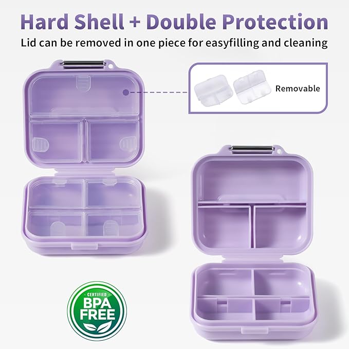 Daviky Travel Pill Organizer,Small 7-Compartment Pill Box for Vitamins & Medications, Compact Medicine Case for Pocket or Purse(Purple)
