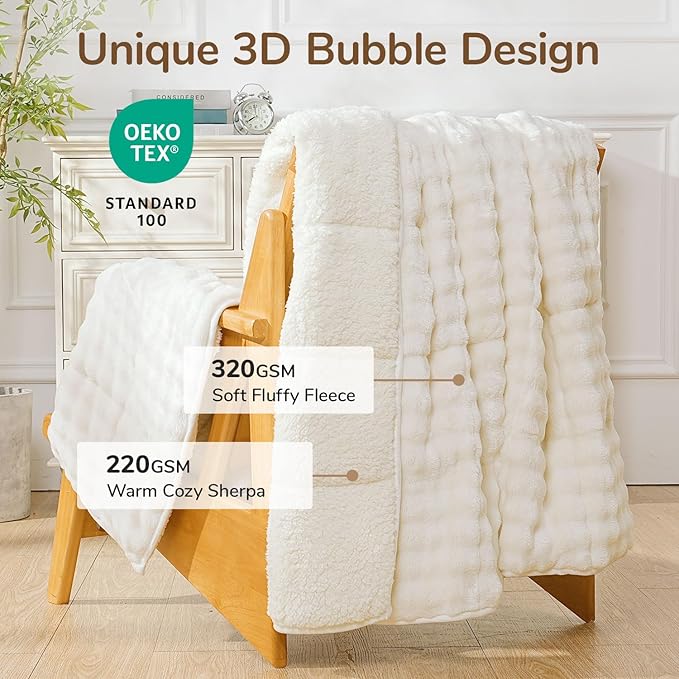 Cottonblue Weighted Blanket 10 lbs for Adults Twin Size, Fluffy Bubble Sherpa Fleece Weighted Blankets Throw for Sofa Bed, Soft Fuzzy Heavy Blanket for Calming & Sleeping, 48"x72", Cream White